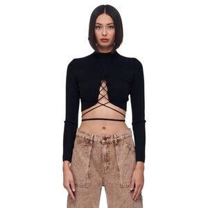 ASTR the Label Raven Strappy Cutout Sweater Womens S Black Mock Neck Lace Up